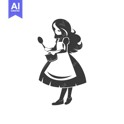 Aset desain premium: A young woman in an apron holds a pot and a spoon