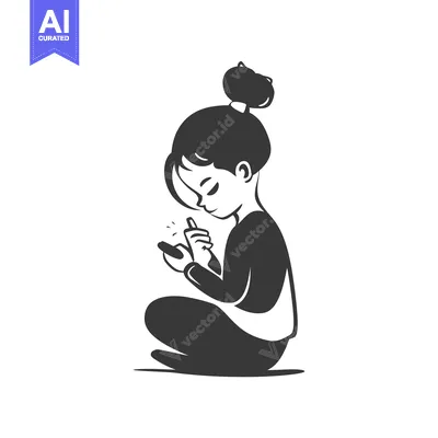 Aset desain premium: A young woman sits cross-legged on the floor, intently looking at her