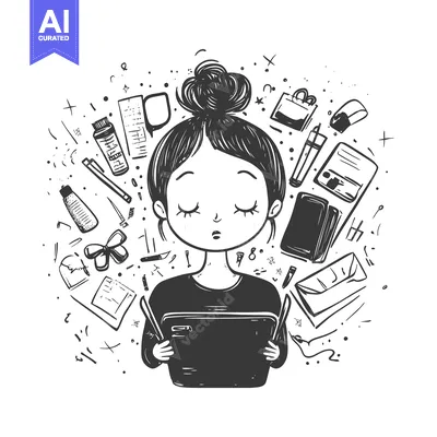A Young Woman Surrounded by Stationery and Other Items While Reading a