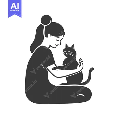 Aset premium populer: A young woman with a ponytail sitting and petting her cat.