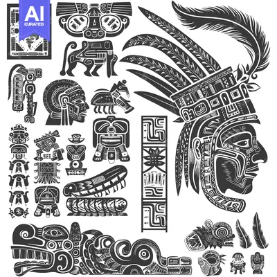 Aset desain premium: Aztec and Mayan Glyphs, Symbols, and Creatures
