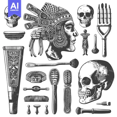 Aset premium populer: Aztec and Skull Themed Hand Drawn Set of Beauty Tools