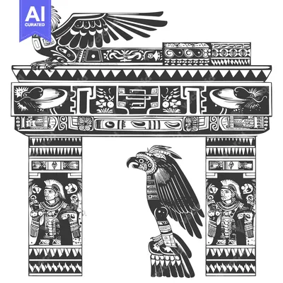 Aset desain premium: Aztec Architectural Design with Bird and Human Figures