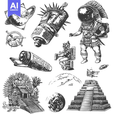 Premium design asset: Aztec Astronaut and Spacecraft with Mayan Pyramid