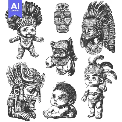 Aset premium populer: Aztec Baby Warriors and Gods in Traditional Headdresses
