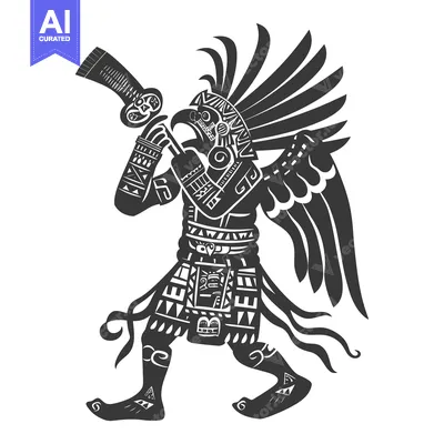 Aset desain premium: Aztec Bird Deity Playing a Musical Instrument