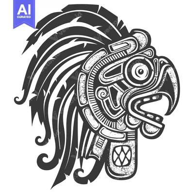 Aset desain premium: Aztec Bird Mask with Feathered Headress