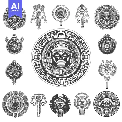 Premium design asset: Aztec Calendar Glyphs and Masks