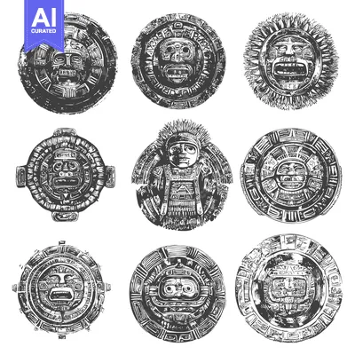 Aset desain premium: Aztec Calendar Round Glyphs with Faces and Designs