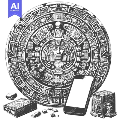 Aset desain premium: Aztec Calendar Stone with a Modern Smartphone and Cubes