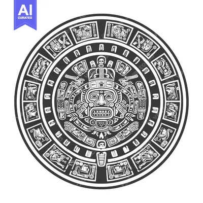 Aset premium populer: Aztec Calendar Stone with Central Deity and Surrounding Glyphs