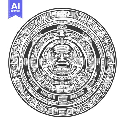 Aset desain premium: Aztec Calendar Stone with Central Deity and Symbolic Glyphs