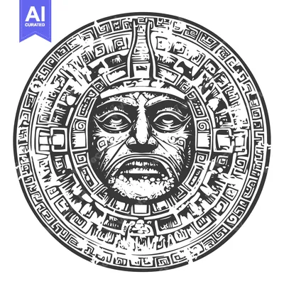 Aset desain premium: Aztec Calendar Stone with Central Deity Face