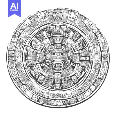 Premium design asset: Aztec Calendar Stone with Central Deity Face and Glyphs