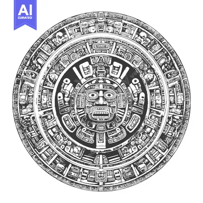 Aset premium populer: Aztec Calendar Stone with Central Deity Face and Glyphs