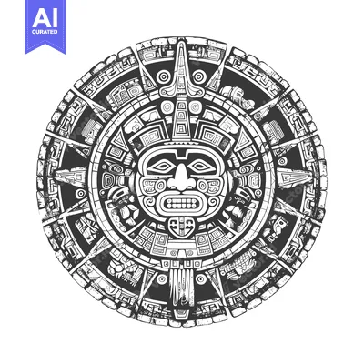 Aset desain premium: Aztec Calendar Stone with Central Deity Face and Intricate Designs