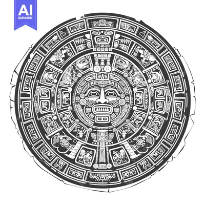 Aset desain premium: Aztec Calendar Stone with Central Face and Circular Designs