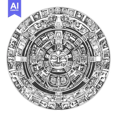 Aset desain premium: Aztec Calendar Stone with Central Face and Glyphs