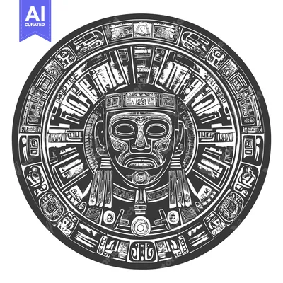 Aset premium populer: Aztec Calendar Stone with Central Face and Glyphs