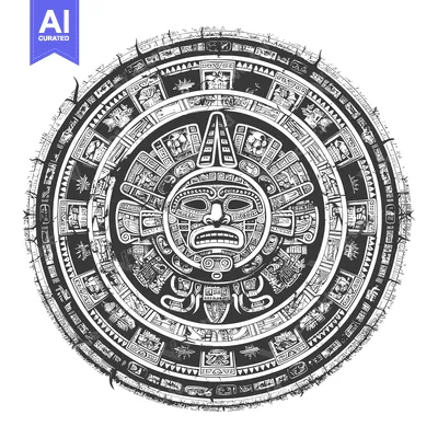 Aset premium populer: Aztec Calendar Stone with Central Face and Symbolic Glyphs