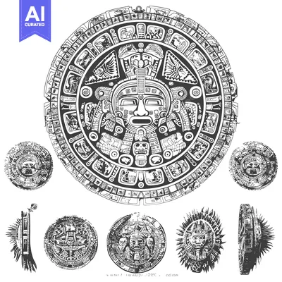 Aset premium populer: Aztec Calendar Stone with Deities and Glyphs