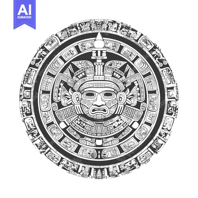 Aset desain premium: Aztec Calendar Stone with Detailed Carvings and a Central Deity Mask