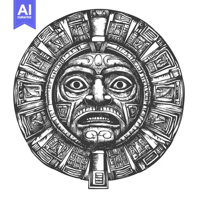 Premium design asset: Aztec Calendar Stone with Detailed Face and Ornamental Border
