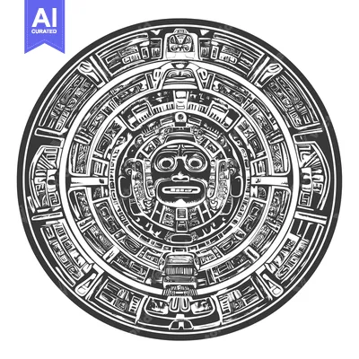 Aset desain premium: Aztec Calendar Stone with Detailed Glyphs and Central Deity