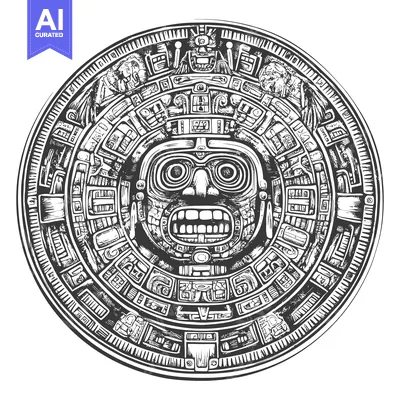 Aset desain premium: Aztec Calendar Stone with Detailed Intricate Design and a Central Deit