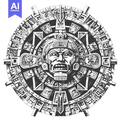 Aset premium populer: Aztec Calendar Stone with Ferocious Face and Intricate Design