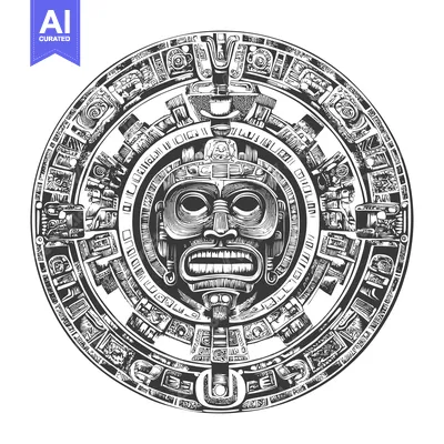 Aset premium populer: Aztec Calendar Stone with Ferocious Face and Intricate Designs