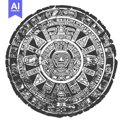 Aset desain premium: Aztec Calendar Stone with Intricate Carvings and a Central Deity