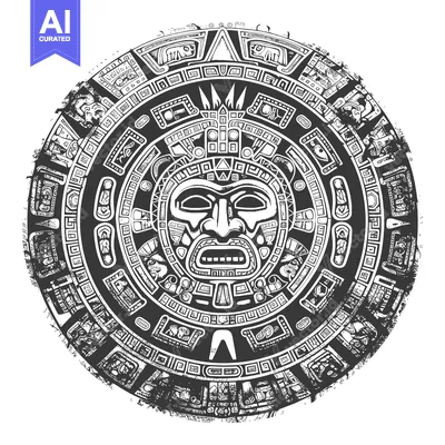 Aset desain premium: Aztec Calendar Stone with Intricate Designs and a Central Face