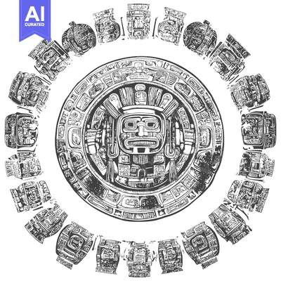 Aset desain premium: Aztec Calendar Stone with Surrounding Glyphs