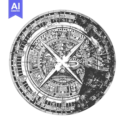 Aset desain premium: Aztec Calendar with a Central X Shape and Detailed Ornamentation