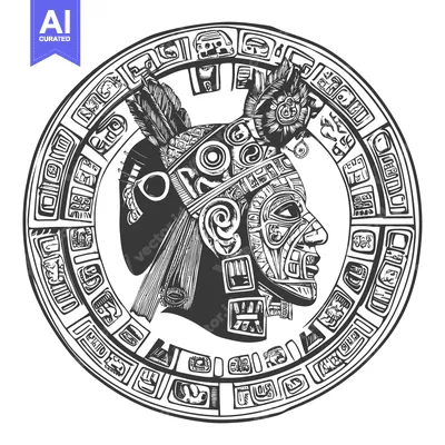 Aset desain premium: Aztec calendar with a profile of a warrior wearing a headdress