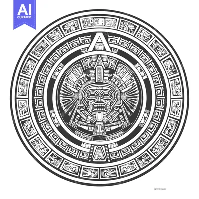 Premium design asset: Aztec Calendar with Central Deity and Glyphs