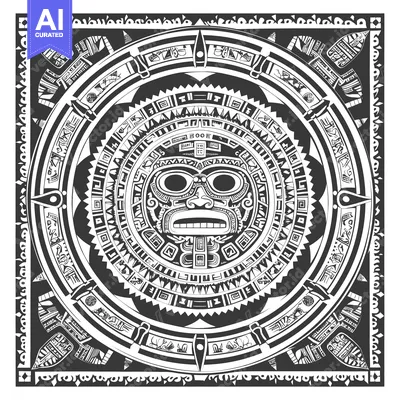 Premium design asset: Aztec Calendar with Central Face and Geometric Patterns