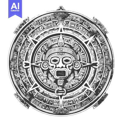 Premium design asset: Aztec Calendar with Central Mask and Ornate Design