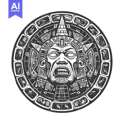Premium design asset: Aztec Calendar with Central Mask and Surrounding Animal Figures