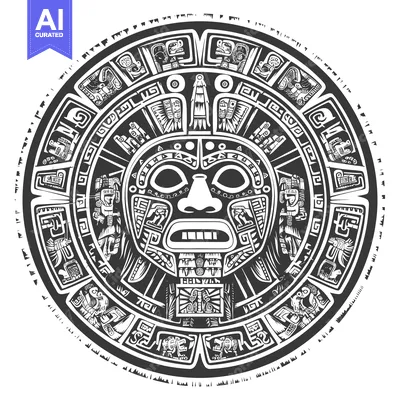 Aset premium populer: Aztec Calendar with Central Mask and Symbolic Imagery