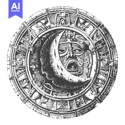 Aset desain premium: Aztec Calendar with Crescent Moon and Deity Face