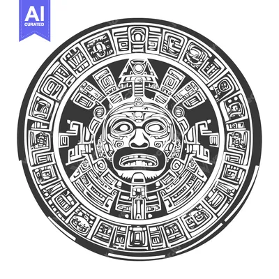 Aset desain premium: Aztec Calendar with Face in Center and Intricate Circular Designs