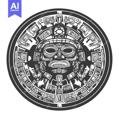 Aset desain premium: Aztec Calendar with Intricate Design and Mask