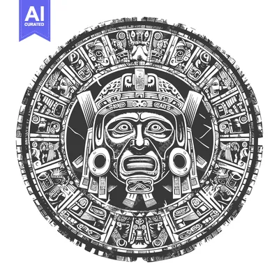Aset desain premium: Aztec Calendar with Intricately Carved Face and Symbols