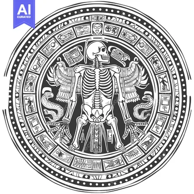 Premium design asset: Aztec Calendar with Skeleton and Symbolic Figures