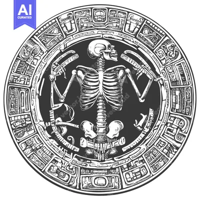 Aset desain premium: Aztec Calendar with Skull and Bones