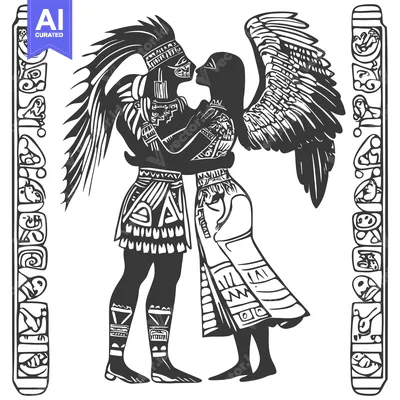 Premium design asset: Aztec Couple Embracing with Winged Figure
