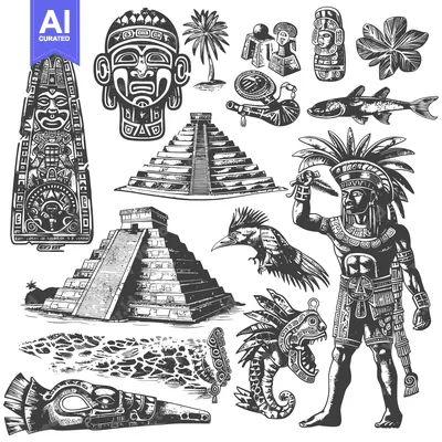 Aset desain premium: Aztec Culture Icon Set with Pyramids, Masks, and Warrior