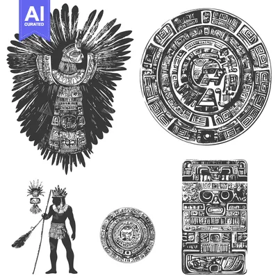 Aset desain premium: Aztec Culture Illustrations with a Warrior, a Calendar, and Ornaments